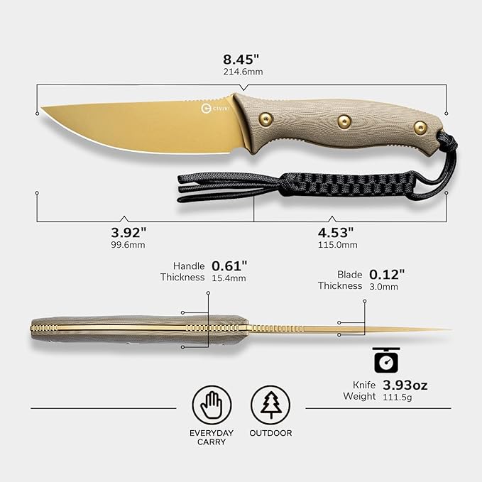 CIVIVI Fixed Blade Knife with a Kydex Sheath, a T-clip, a Lanyard for EDC, Stormridge Full Tang Knife with 3.92" Nitro-V Blade G10 Contoured Handle for Outdoor Activities C23041-2