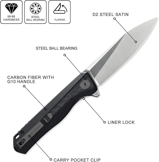 Petrified fish PF818,3.54" D2 Blade,104g G10 Handle Flipper Folding knife (Carbon fiber with G10 handle, Satin)