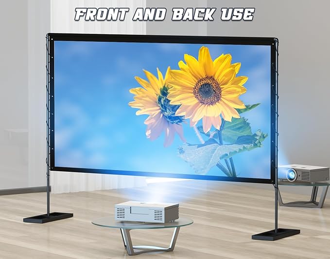 Queension 120 inch Outdoor Projector Screen with Stand, Portable Projector Screen 16:9 HD 4K, Movies Screen with Carry Bag for Outside Backyard, Indoor Wrinkle-Free Screen for Home Theater