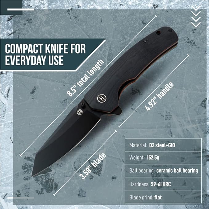 Holtzman's Gorilla Survival - The Clip Point Folding Pocket Knife (Black+Orange) - D2 Steel Blade - Tactical EDC Knife with G10 Handle & Pocket Clip