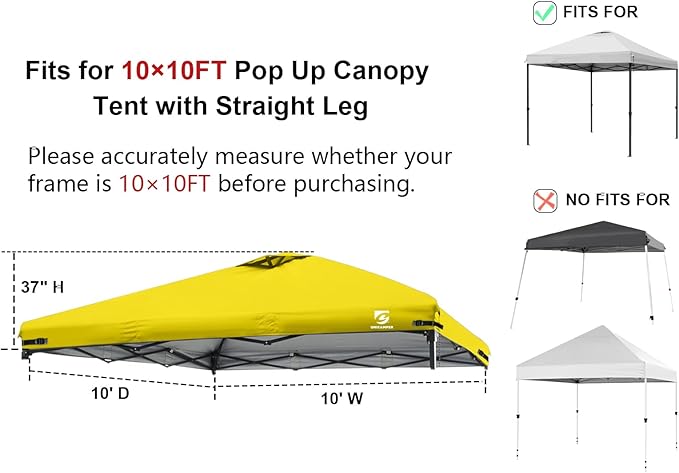 10x10 Pop Up Canopy Replacement Top Cover with Air Vent for Straight Leg Canopy Tent, Waterproof for Outdoor Garden Patio Camping Sun Shade(Top Only) (Yellow, 1)