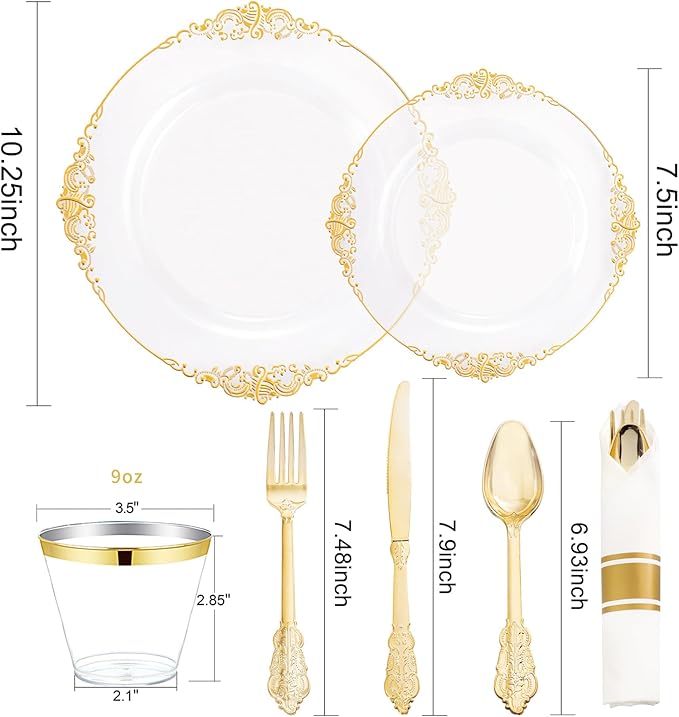 Nervure 175PCS Clear Gold Plastic Plates - Disposable Gold Party Plates & Pre Rolled Napkins with Cutlery for 25 Guests, 50Plates, 75Silverware, 25Cups, 25Napkin for Wedding & Party & Thanksgiving