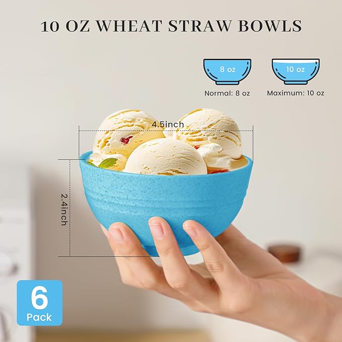 PYRMONT Small Bowls 10 OZ,Wheat Straw Ice Cream Bowls Set of 6,Unbreakable Snack Bowl for Kids,Dessert Bowl for Kitchen and Picnic,Freezer & Dishwasher Safe Bowls Set for Cereal,Fruit,Appetizer