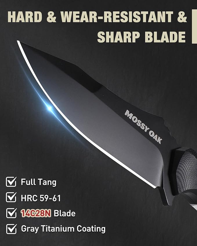 Mossy Oak 9" Fixed Blade Hunting Knife with Sheath, 14C28N Full Tang, G10 Handle Outdoor Knife for Survival, Camping, Hiking(Black)