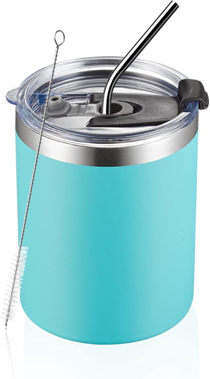 MEWAY 12 oz Lowball, Tumbler Stainless Steel Double Wall Vacuum Insulated Mug with Straw and Lid, Cleaning Brush ,Durable Powder Coated Insulated Coffee Cup for Cold & Hot Drinks (Light Blue,1 Pack)