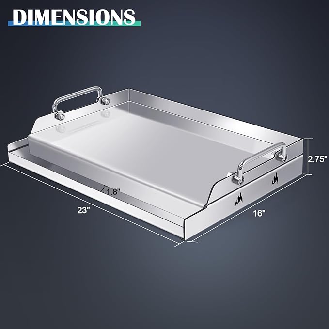 Hiorucet Stainless Steel Griddle, 23" x 16" Universal BBQ Cooking Flat Top Grill Insert for Charcoal/Gas Grills, Camping, Tailgating, Parties, Indoor/Outdoor Rectangular Gas Grill Griddle Plate Pan.