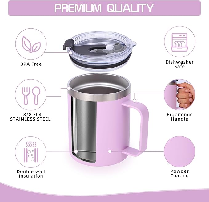 Volhoply 12oz Insulated Leakproof Coffee Mug with Flip & Straw Lid,Double Wall Vacuum Stainless Steel Travel Cafe Tumbler Cup with Handle,Reusable Camping Mugs Keep Cold/Hot(Purple,1 Set)