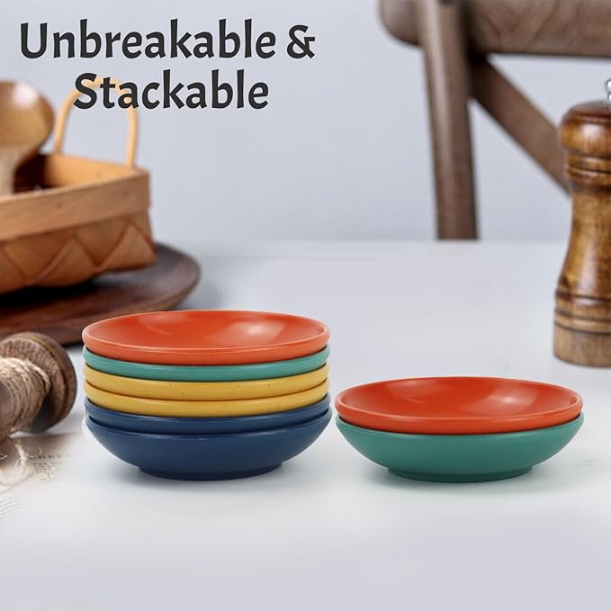 soy sauce dish 4 inch set of 8, small wheat straw plates 1.5oz for side dishes dishwasher safe, unbreakable plastic sauce dish for sushi,dishes,sauce...Colorful