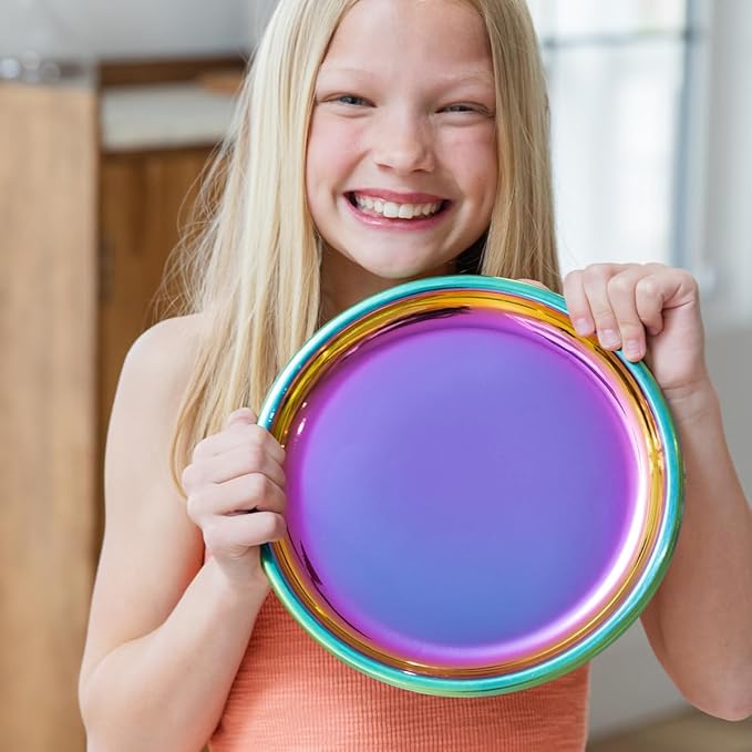 Ahimsa Stainless Steel Plates for Kids - 9" Round Rainbow Toddler Plates, Non Toxic Plate, BPA Free & Dishwasher Safe (Set of 4)