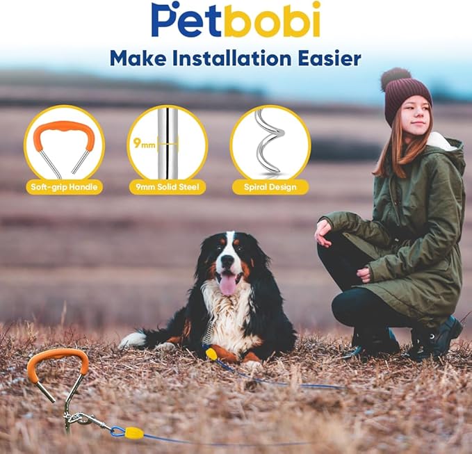 Petbobi Dog Tie-Out Cable and Stake - 50ft Heavy Duty Cable with Spring, No Tangle, 16in Ground Stake, Ideal for Yard, Camping and Beach, Suitable for Small Medium Large Dogs Up to 120 lbs, Blue
