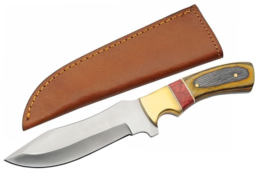 SZCO Full Tang Upsweep Hunting Knife 9.5 Inch - Pocket Knife with Stainless Steel Blade, Red Amber Wooden/Brass Handle & Leather Sheath - Camping Knife for hunting - Skinning knife for Men