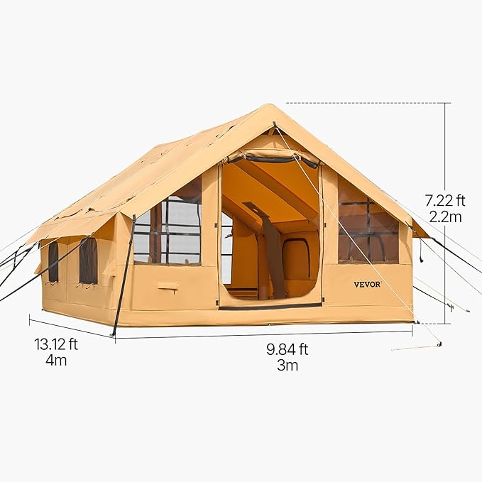 VEVOR Inflatable Tents for Camping, Easy Setup Blow up Tent with Hand Pump, 4 Season Glamping Tent with Stove Jack, Doors & Mesh Windows, Storage Bag Included for Easy Taking