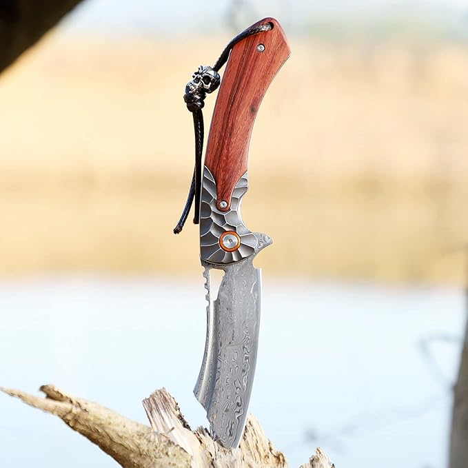 men's pocket knife Damascus Steel Handmade Folding Knife,3.5 in blade rosewood handle,with leather case ,Liner Lock Steel ball bearings,pocket clip ,EDC Camping Outdoor Survival Knife