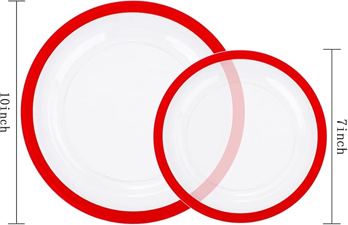 U-QE 200PCS Red Plastic Plates - Clear Red Plastic Plates Disposable Heavy Duty - Include 100 10" Dinner and 100 7" Dessert Platos for Party