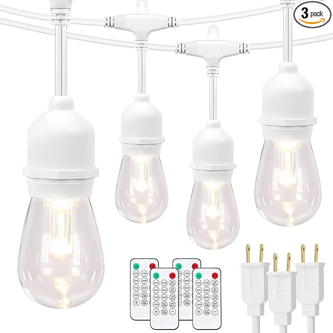 Mlambert 3 Color Outdoor LED Dimmable String Lights with Remote, Plug in 144FT(3x48FT) Waterproof Shatterproof LED Light for Patio Backyard-White Cord