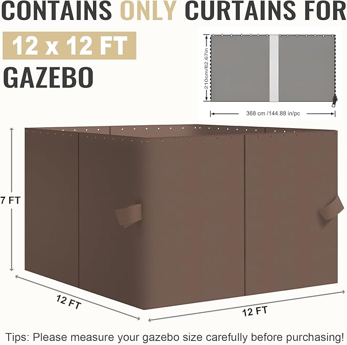 COWVIE 4-Panel 12' x 12' Gazebo Replacement Curtains, Patio Privacy Sidewalls with Double Zipper, Replacement for Outdoor Gazebo Canopy (Curtain Only)