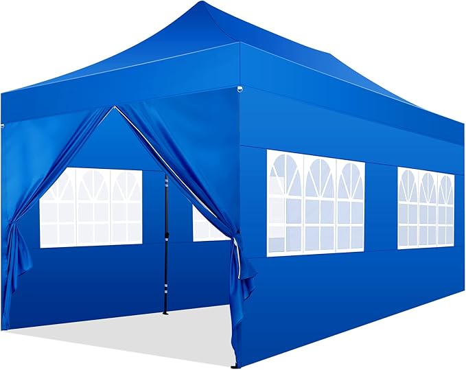 COBIZI 10x20 Pop Up Canopy with 6 Sidewall,Heavy Duty Canopy UPF 50+ All Season Wind Waterproof Commercial Outdoor Wedding Party Tents for Parties Gazebo with Roller Bag(10 x 20 ft Blue)