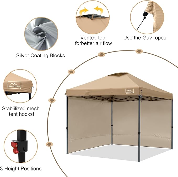 KAMPKEEPER 10x10 Pop Up Canopy Tent with 2 Sidewalls, Beach Tent - Easy Outdoor Sun Shade for Events, Parties, Camping - Gazebo with 4 Weight Bags & Carry Bag.(Khaki)
