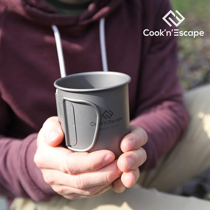 COOK'N'ESCAPE 375ml Camping Mug, Small Titanium Cup with Lightweight Backpacking Coffee Mug Foldable Handle for Outdoor Hiking Picnic Open Fire Cooking