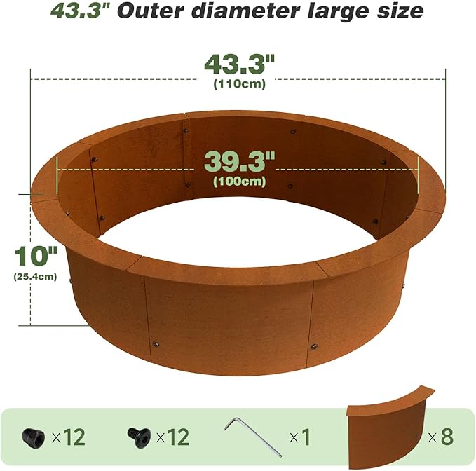 Fire Pit Ring Outdoor Wood Burning Fire Pit Liner 43.3 Inch Camping Fire Ring Corten Steel Firepit Ring Heavy Duty Campfire Ring Above or In-Ground for Bonfire Outdoor Backyard