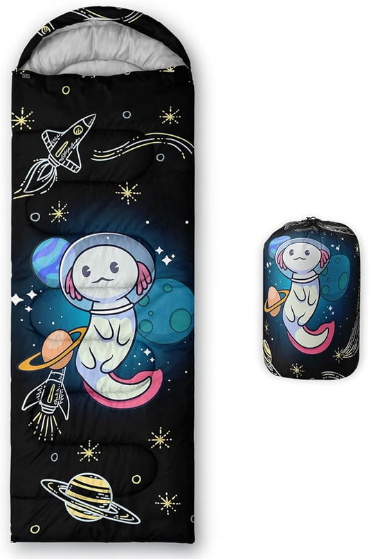 HOSIMA Cartoon Axolotl Sleeping Bags for Kids 10-12,Blue Cartoon Kids Sleeping Bags for Girls Boys,Compact Sleeping Bag for Camping Essentials and Hiking.