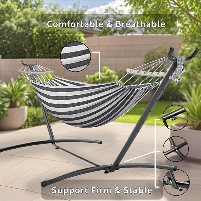 Double Hammock, Heavy Duty Portable, 500 lb Weight Capacity, Perfect for Both Indoors and Outdoors, 2 Person Hammock with Carrying Bag, Black White