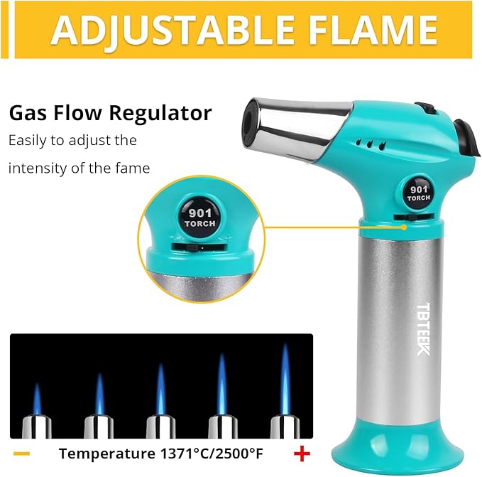 TBTEEK Butane Torch T901, Kitchen Torch Cooking Torch with Safety Lock & Adjustable Flame for Cooking, BBQ, Baking, Brulee, Creme, DIY Soldering(Butane Not Included), Aqua