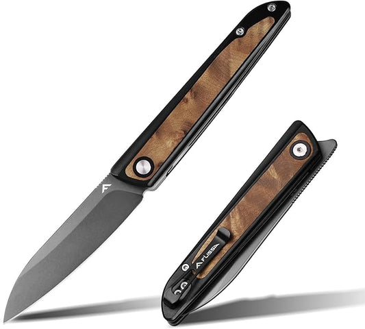 FLISSA Pocket Knife, Folding Knife with D2 Steel Blade, Liner Lock, Aluminum Alloy & Wooden Handle, Ball Bearing and Pocket Clip for EDC, Camping, Hiking, Outdoor Activities