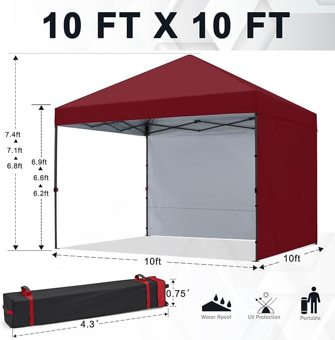COOSHADE Pop Up Canopy Tent 10x10 with 2 Sidewalls, Outdoor Shade Instant Canopy Tents, Burgundy