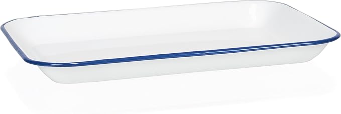 Red Co. 13.5” x 10” Enamelware Metal Classic 1.6-Quart Rectangular Serving Tray, Solid White/Navy Blue Rim
