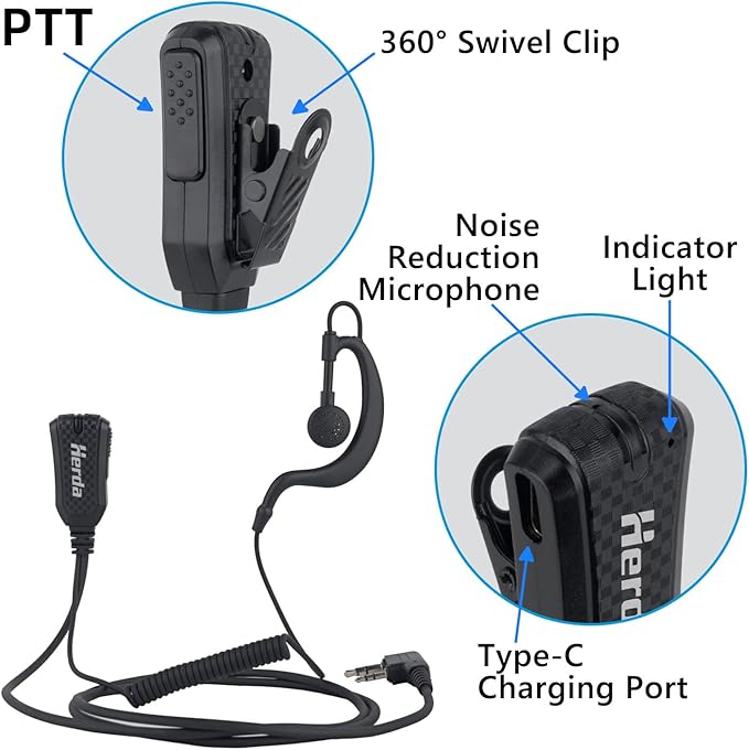 Herda (Pack of 10) Noise Reduction Walkie Talkie Earpiece with Mic, K1 2-Pin Split-Wire Surveillance Earpiece, Compatible with Kenwood, pxton, Baofeng, Retevis Two Way Radio, 2 Way Radio Headset