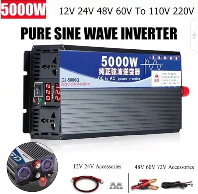 5000W Power Inverter Pure Sine Wave, 12V to 110-120 Volts, Dual AC Outlets, Hardwire Kit Including for Car Truck RV Outdoor, Camping, Boat, Home,Office Solar System(12, Volts) (5000W)