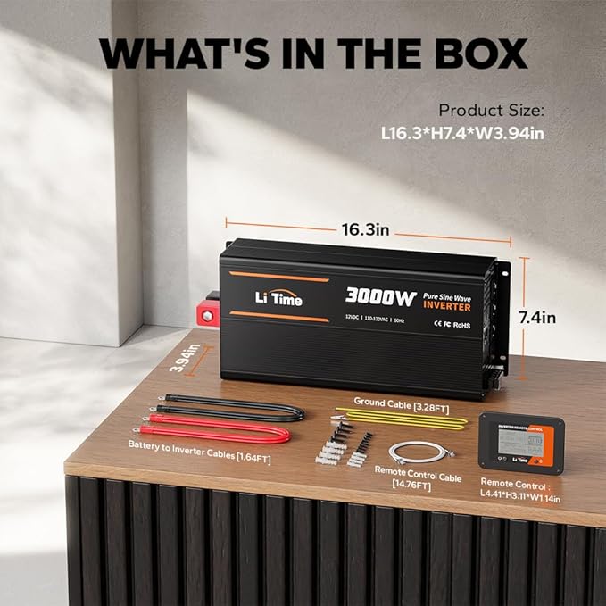 LiTime 3000W Pure Sine Wave Inverter 12V DC to 120V AC Converter with Remote Control, Surge 6000W, Built-in 4 AC Outlets, USB Port, Type-C Port for Home, RV, Camping, Off-Grid, Solar Power