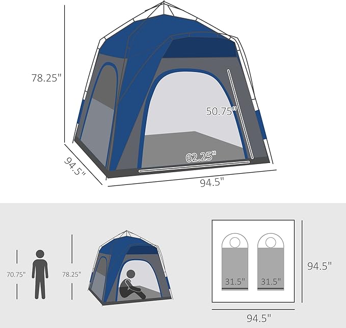 4 Person Pop Up Tent - Instant Setup Automatic Hydraulic Camping Tent for Family, 3-Season Waterproof Shelter with Windows & Carry Bag - Lightweight for Travel, Backpacking (Blue)