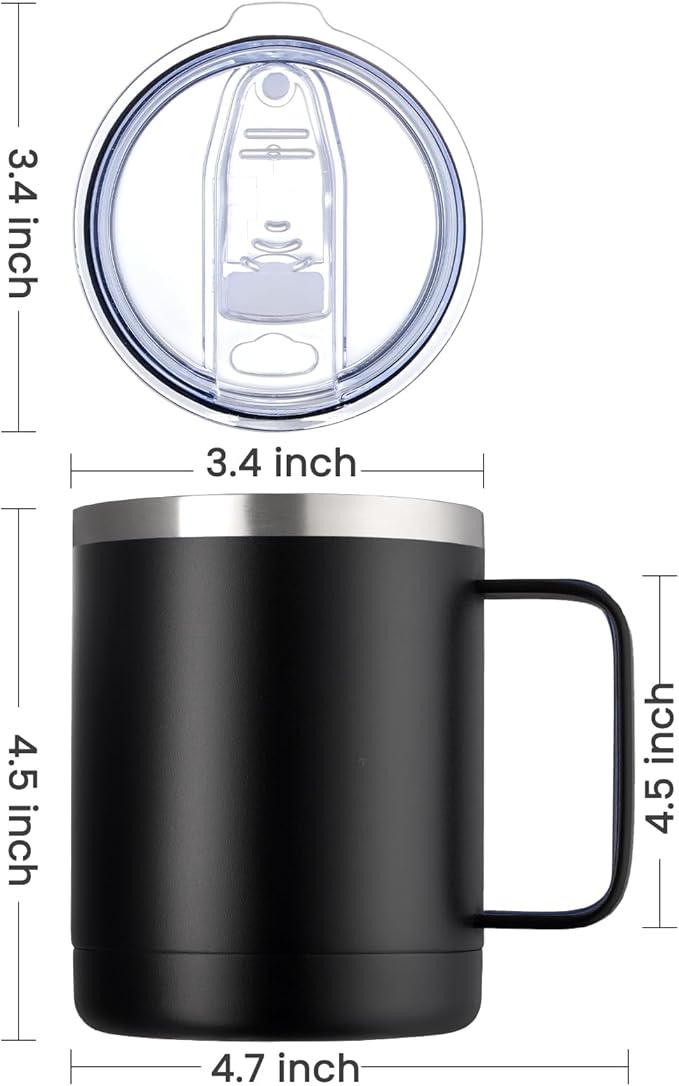 MEWAY 12oz Coffee Mug With Handle 2 Pack Bulk,Stainless Steel Insulated Travel Tumblers With Sliding Lid,Double Wall Vacuum Camping Cup for Hot & Cold Drinks Tea (Black,Set of 2)