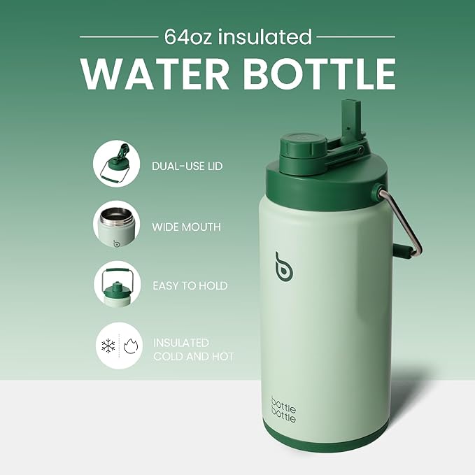 BOTTLE BOTTLE Insulated Water Bottle 64 oz with Straw and Dual-use Lid Half Gallon Water Jug Vacuum Stainless Steel for Workout Sports Insulated Beer Growler with Handle and Pills Holder Green
