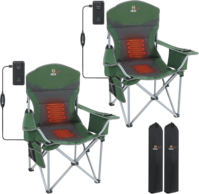 Nice C Heated Camping Chair with Battery, Heated Outdoor Sports Chair, Folding Chairs, with Cooler Bag, Cup Holder, Carry Bag, 10000 mAh Power Bank Included (Green&Grey, Set of 2)
