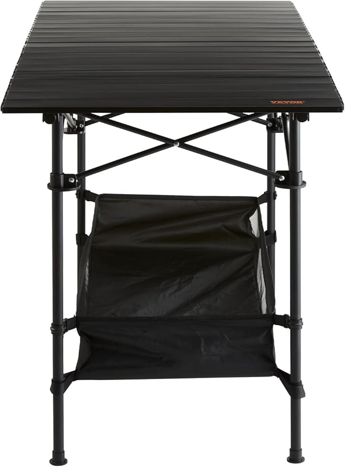 VEVOR Folding Camping Table, Adjustable Height Portable Side Tables, Aluminum MDF Beach Table with Mesh Layer, Carrying Handle, Lightweight Compact for Outdoor Picnic BBQ Cooking (45inch-Black)