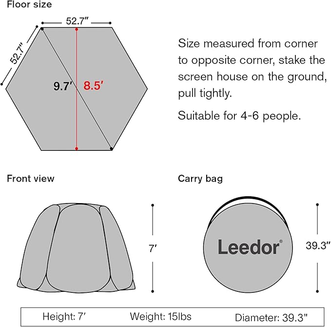 LEEDOR Pop Up Screen House, 6-10-15 Person Outdoor Screen Tent,Camping Screen Room with Carry Bag, Screened Gazebo with Mosquito Netting, Instant UV Resistant Sun Shelter for Garden, Patio, Backyard