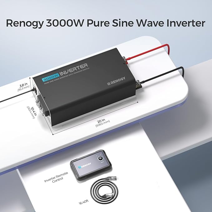 Renogy Inverter PUH, 3000W Pure Sine Wave Power Inverter with UPS Transfer Switch & Bluetooth, 12V DC to 120V AC Converter for RV, Truck, Home,Camping - 6000W Surge Power, Remote Monitoring