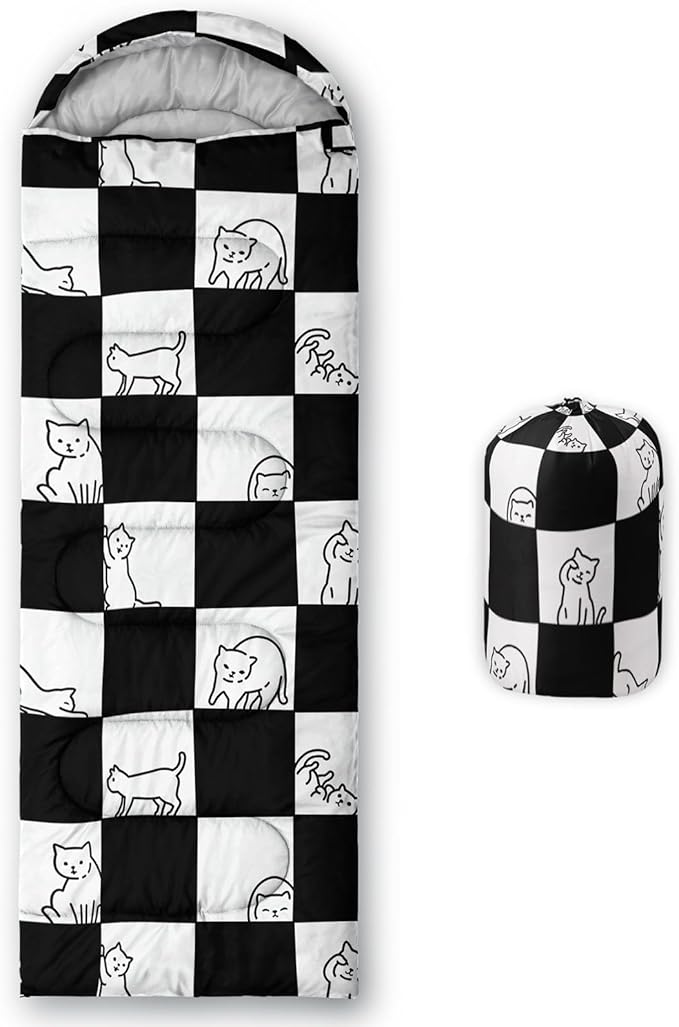 Kids Sleeping Bag for Boys Girls,Checkerboard Cat Print-Lightweight Warm Portable Outdoor Indoor-Waterproof Cold Weather Resistant Sleeping Bag for Camping Hiking