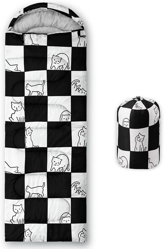 Kids Sleeping Bag for Boys Girls,Checkerboard Cat Print-Lightweight Warm Portable Outdoor Indoor-Waterproof Cold Weather Resistant Sleeping Bag for Camping Hiking