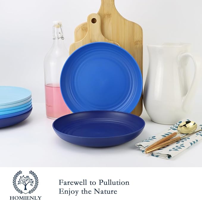 Homienly Dessert Plates Set of 8-8 inch Plate Set Wheat Straw Plates for Kitchen Unbreakable Plate for Dessert, Appetizer,Pancakes, Microwave & Dishwasher Safe Kitchen Essentials(Blue Series)