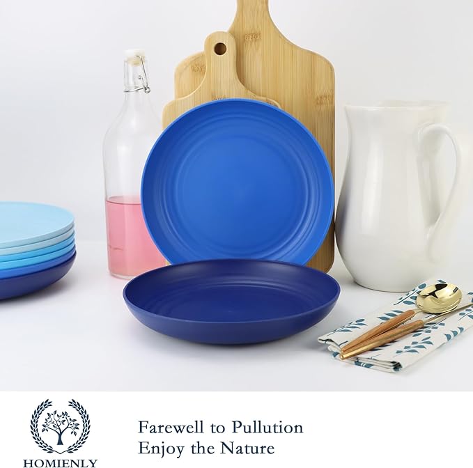 Homienly Deep Dinner Plates Set of 8 - Alternative to Plastic - Microwave & Dishwasher Safe - Unbreakable Kids Plates with 4 Colors (Blue Series, 9 inch)