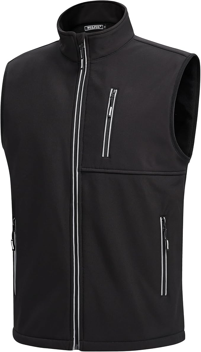 WULFUL Men's Windproof Lightweight Golf Vest Outerwear with Pockets, Softshell Sleeveless Jacket for Travel Hiking Running
