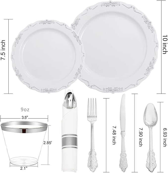 U-QE 175PCS Silver Plastic Plates & Pre Rolled Napkins with Silver Plastic Cutlery for 25 Guests, Great for Party & Wedding