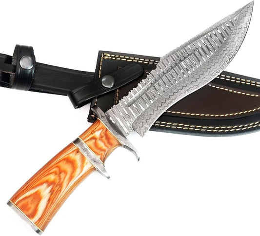 NOORAKI - 15″ Damascus Bowie Knife with Sheath | Hand Made Hunting Knife - Fixed Blade Long Bowie Knives - Ideal for Survival ,Chopping, Camping, Outdoor Gift for Men |Tactical Knife Wood Handle (Brown)