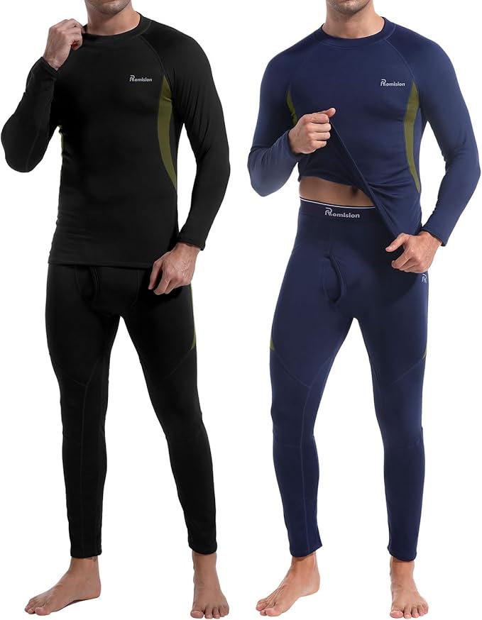 romision 2 Pack Thermal Underwear for Men Long Johns Fleece Lined Hunting Gear Bottom Top Set Base Layer Cold Weather XS-4XL