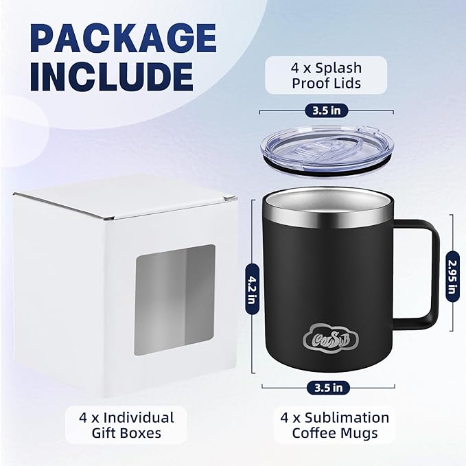 12oz Insulated Coffee Mug with Handle, Stainless Steel Wide Mouth Travel Tumblers with Lid, Double Wall Vacuum Coffee Cup for Camping, Office, Black 4 Pack