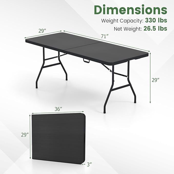 GYMAX 6FT Folding Table, Portable Lightweight Camping Table with Carry Handle, Easy Fold Up Rectangle Indoor/Outdoor Collapsible Table for Camp, Picnic, BBQ, Patio (Black (No Umbrella Hole))